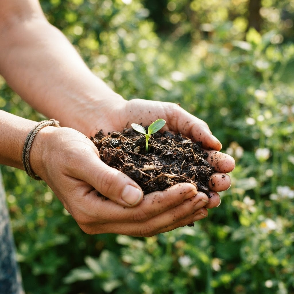 Hands holding soil with a growing green seedling