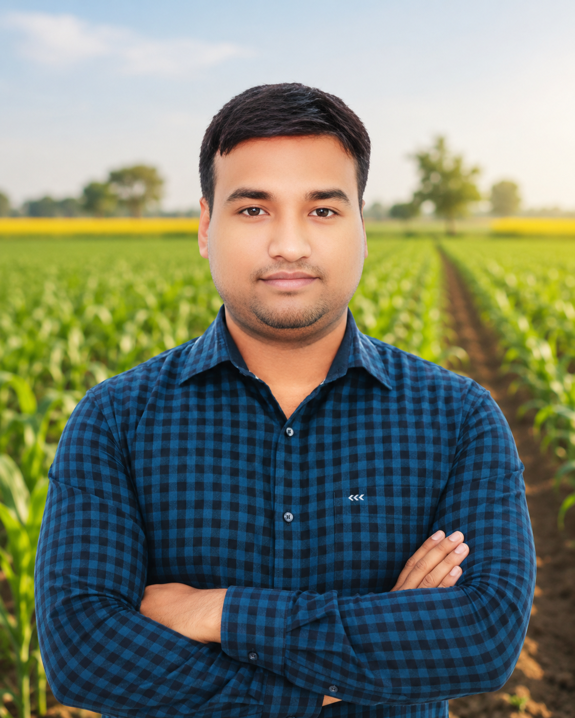 Portrait of Dr. Chhatarpal Singh standing in front of green agricultural fields